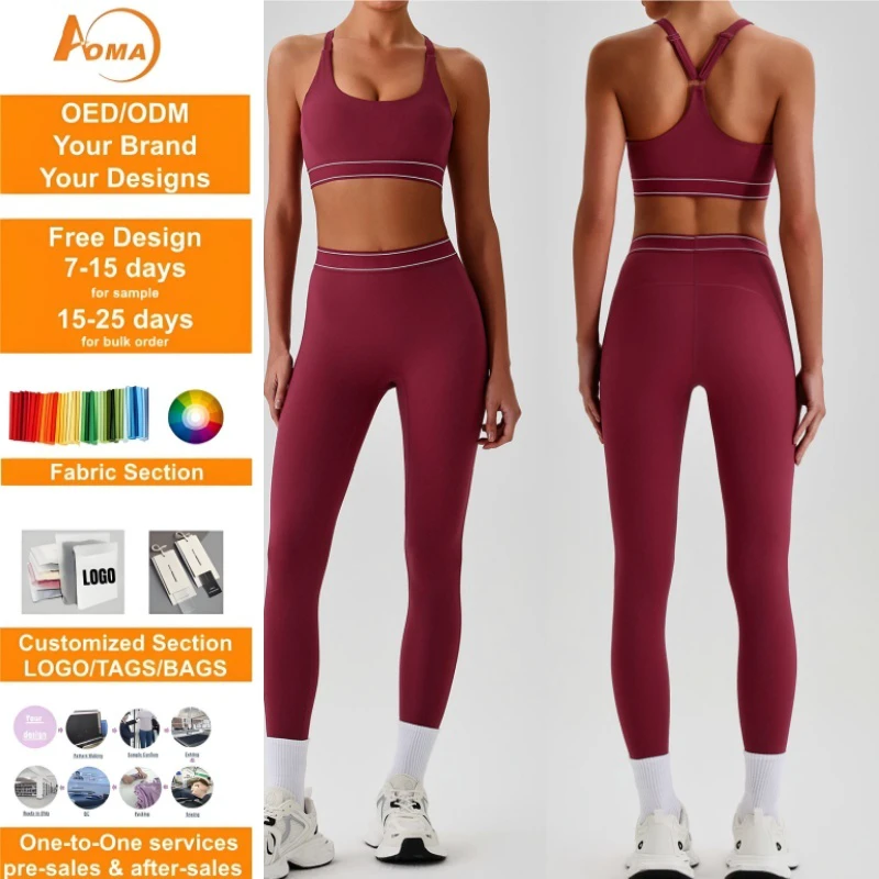 Aoyema Women Fitness Wear Naked Solid Yoga Suit High Waist Tight Women's Quick-drying Outdoor Sports Fitness 2 Piece Set