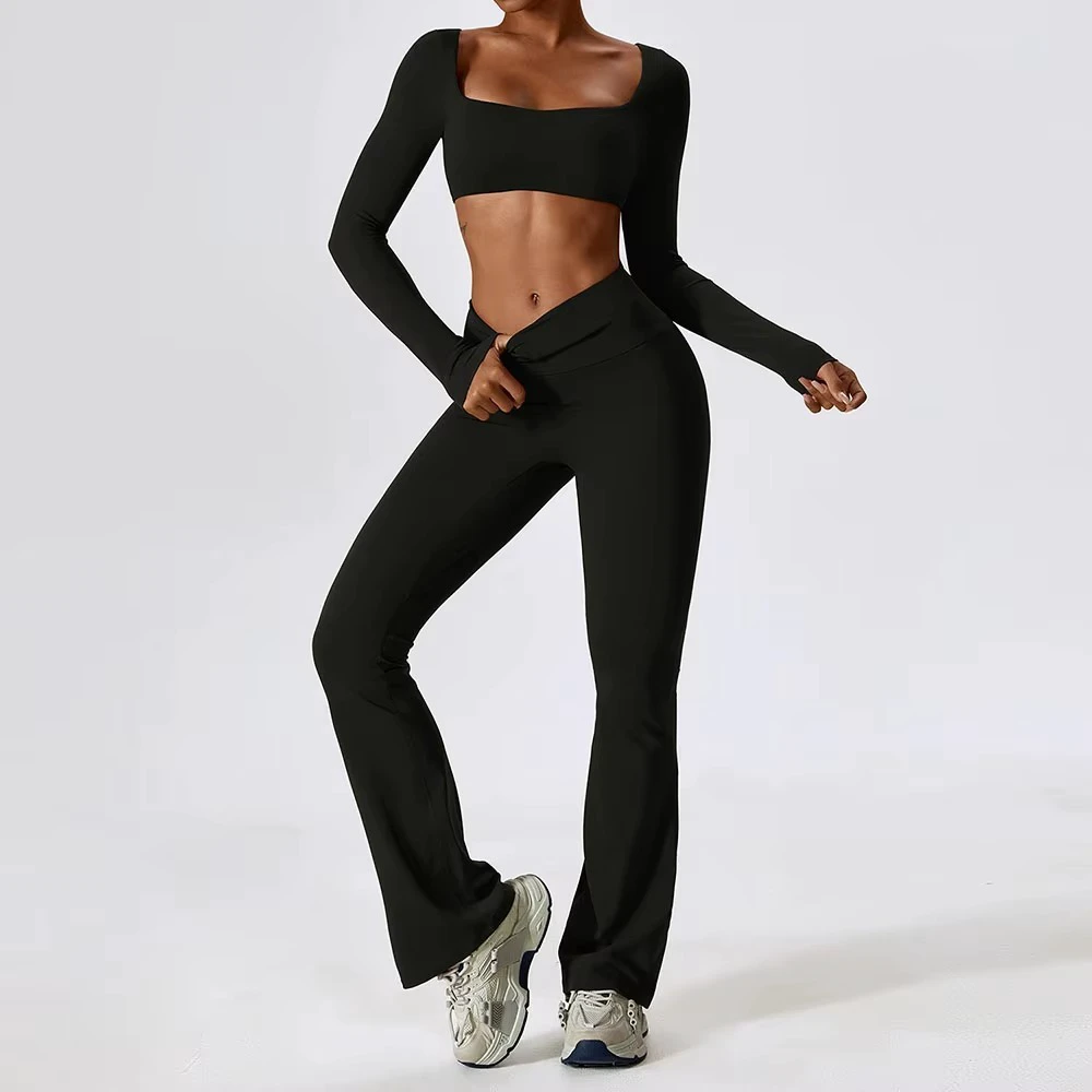 Custom Recycled Square Neck Long Sleeve Crop Tops Yoga Pants 2 Piece Set High Waist Flared Gym Legging Fitness Sets for Women