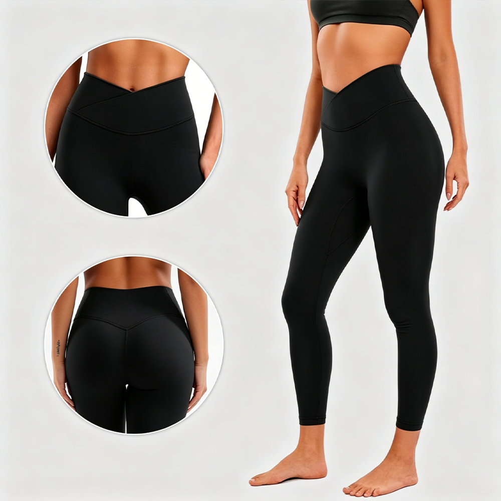 Moonwell High Waist V-Shaped Yoga Leggings Women Spandex/Nylon Four-Way Stretch Sweat-Wicking Breathable Ankle-Length Solid