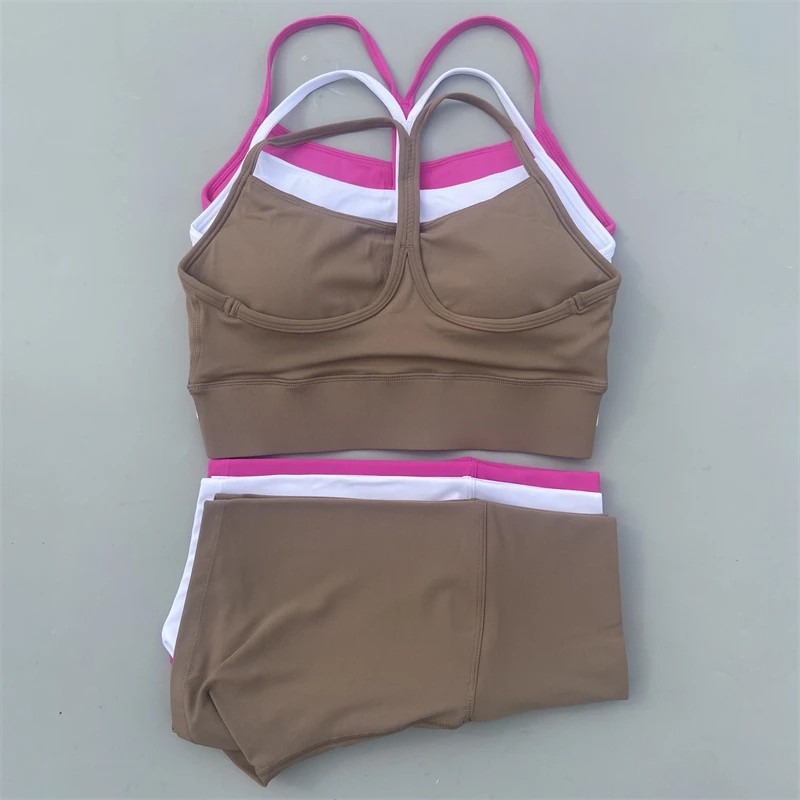 Print logo Fitness Suit High Waist Short Legging Cross Y Shine Sports Bra Athletic Gym Yoga Short Set