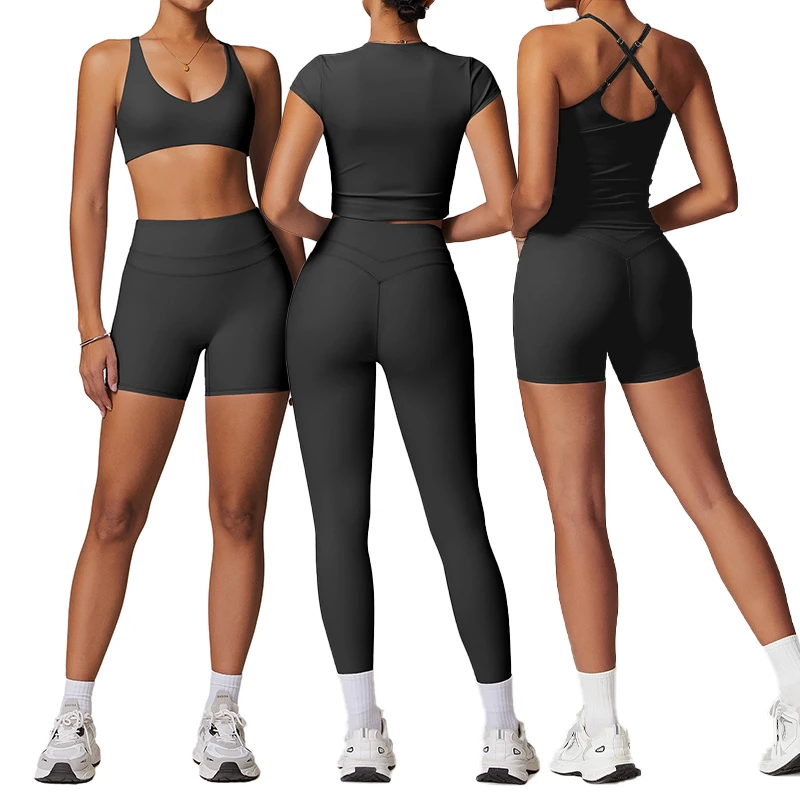 Women's 5-piece Yoga Set High-waisted Stretch Leggings and Short Sleeves, Bra, Sports comfort Yoga Set