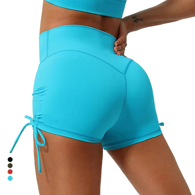 P719 Women Scrunch Drawstring Quick Dry V Hip Lifting Sports Three-quarter Pants Sexy Outdoor Running Fitness Shorts