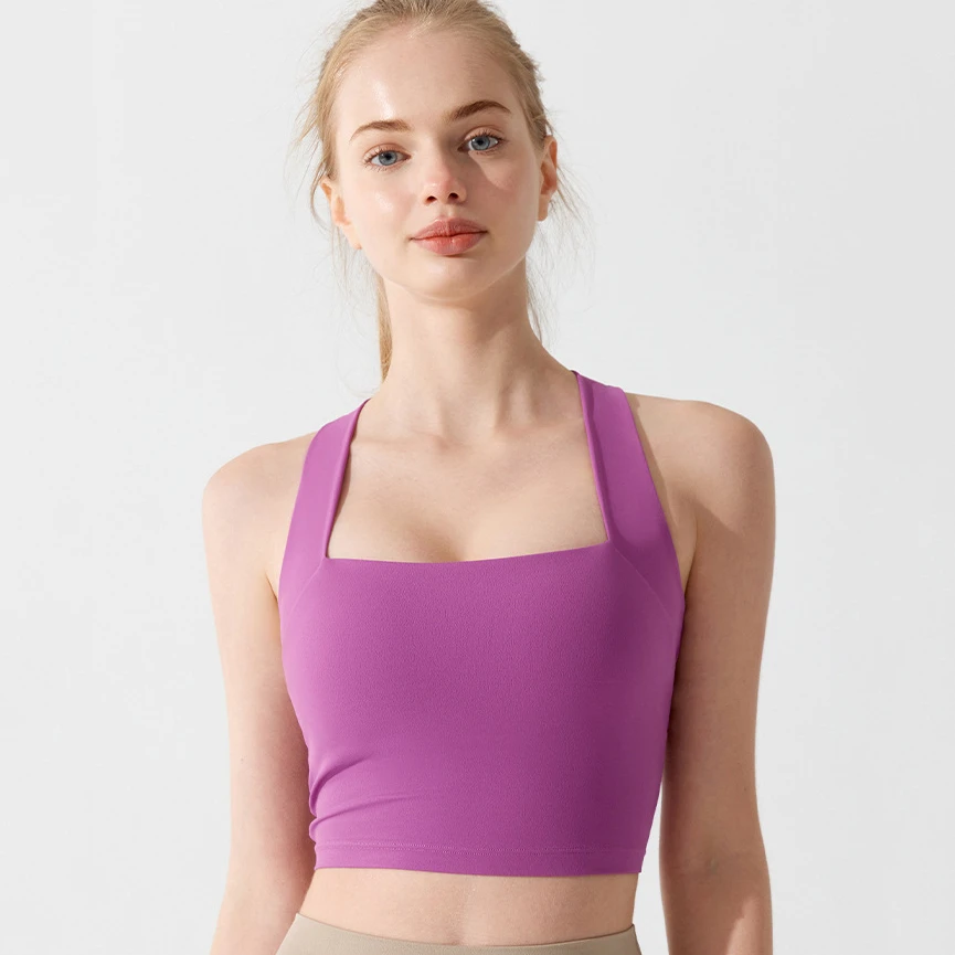 Women's Breathable Lightweight Crisscross Back Sports Bra with Front Logo Wide Strap Anti-Shock Yoga Top for Running Gym Fitness