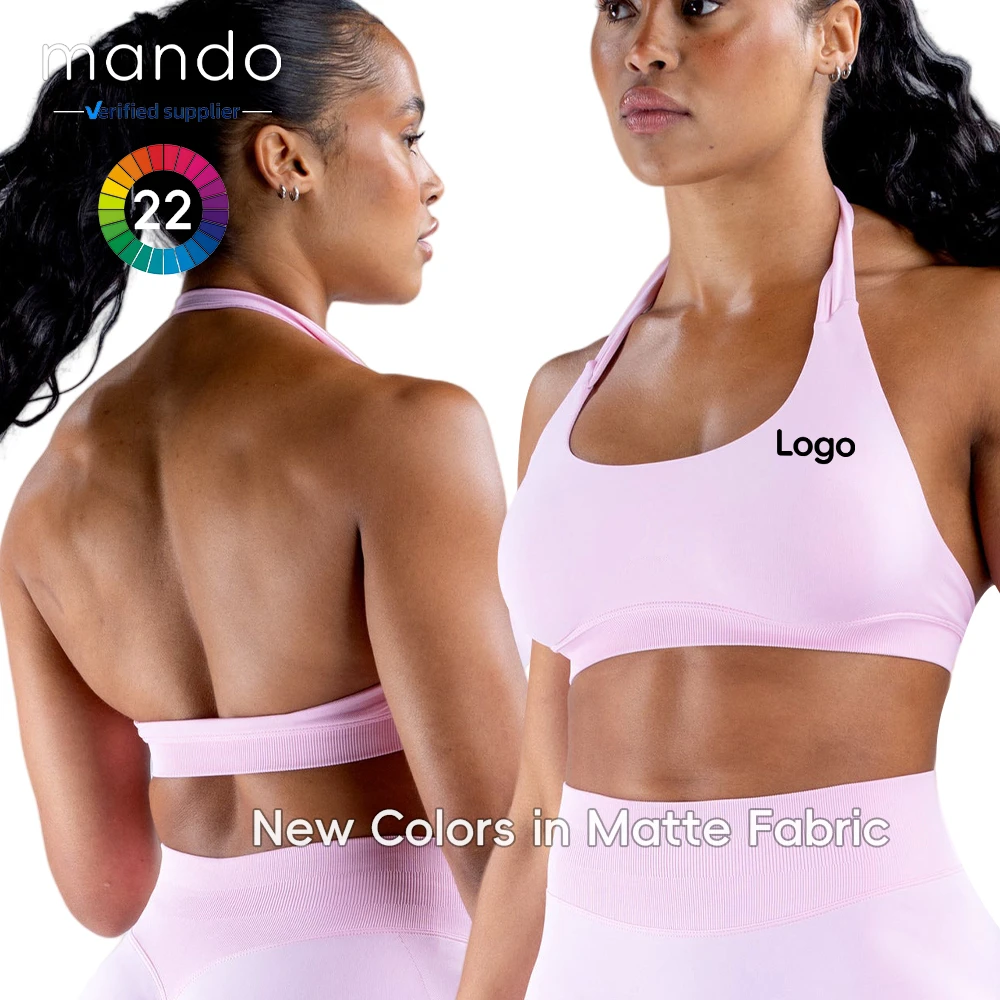 Plus Size XS-XL Matte Finish Halter Yoga Bra Hot U Neck 90% Nylon 10% Spandex Ultra Soft Seamless Sports Bra for Women