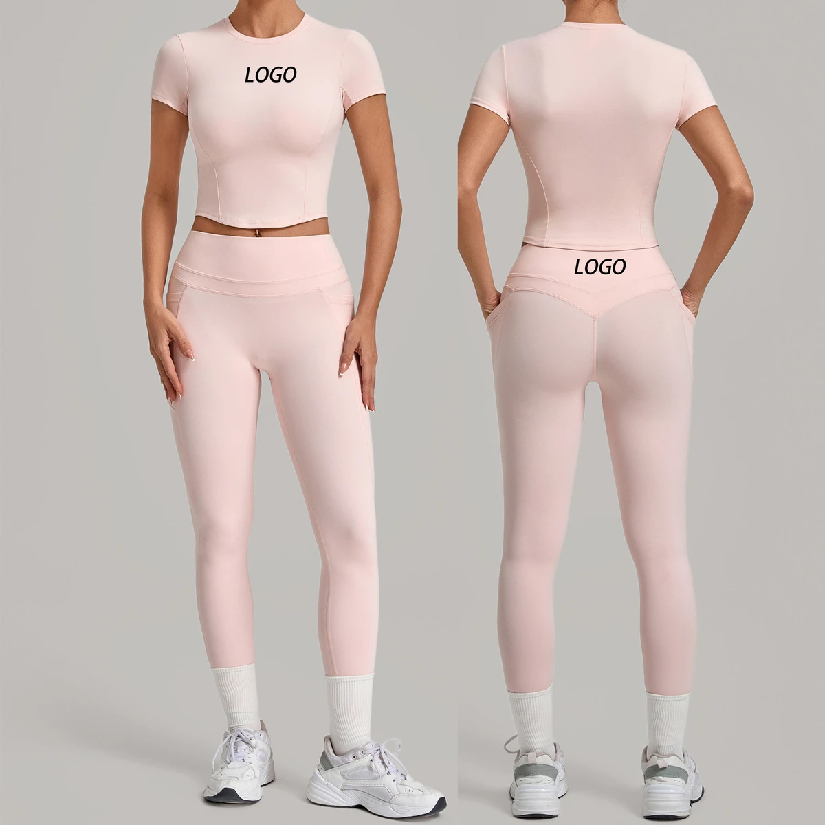 Women's Round Neck Short Sleeve Crop Top & High Waist Leggings with Pockets Stretchy Workout Yoga 2-Piece Activewear Set