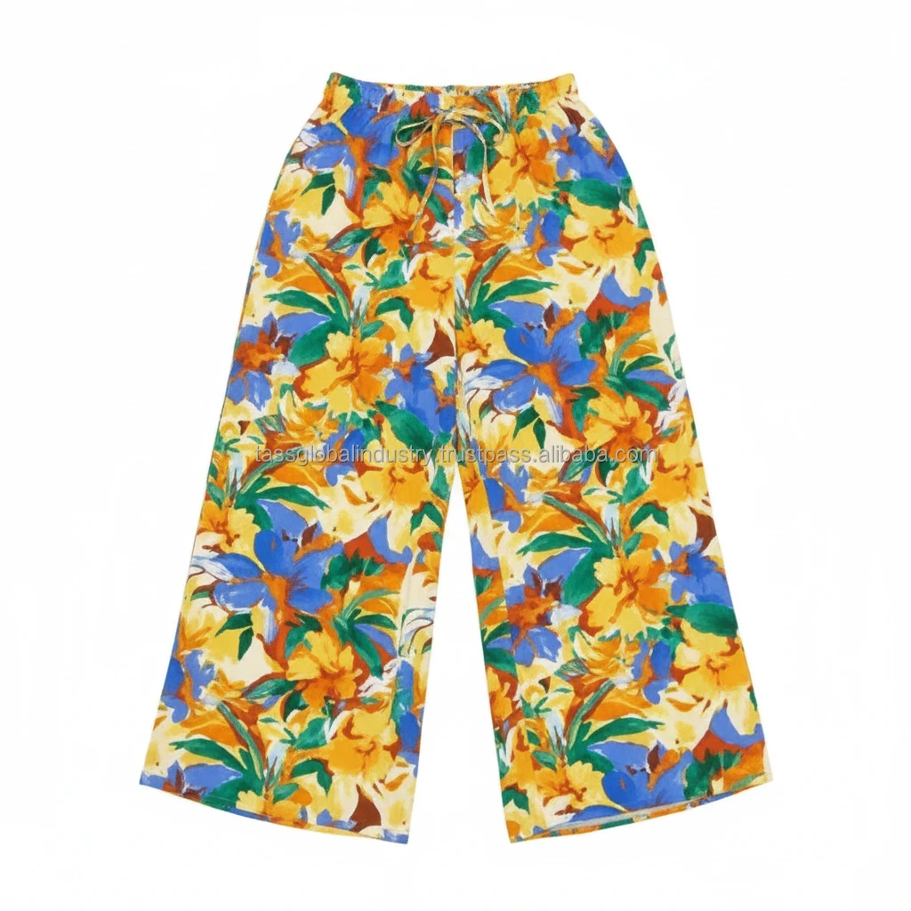 Comfortable Female Linen Mid Waist Drawstring Palazzo Pants Loose Fit Lightweight Summer Beach Floral Pattern Customizable