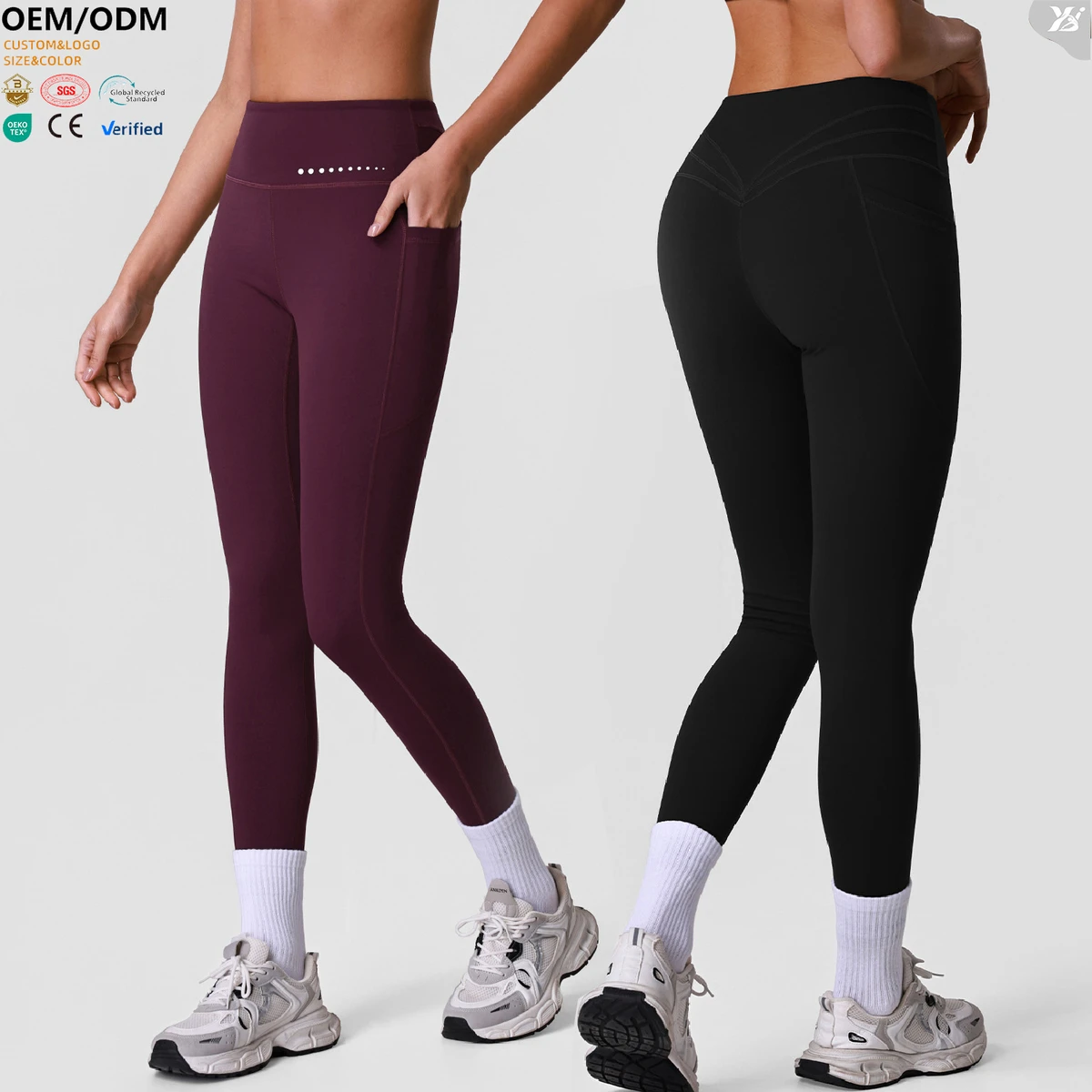 Custom logo Solid Color Pants Fitness Gym Women Tummy Control V Shape Butt Lifting Yoga High Waist Leggings with Side Pockets