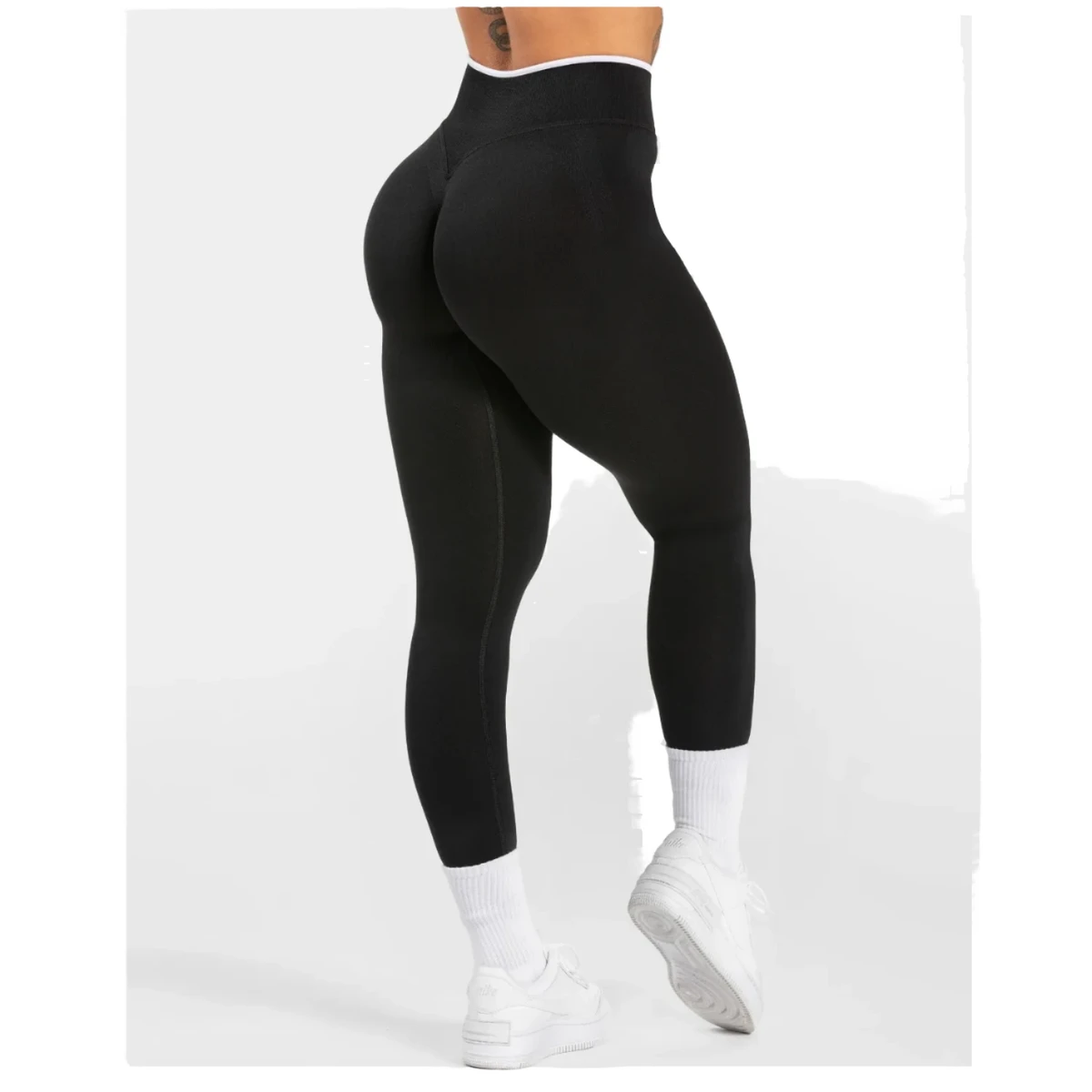 Seamless Ribbed High Waist Yoga Leggings, Butt Lifting Tummy Control Contrast Trim Workout Fitness Pants
