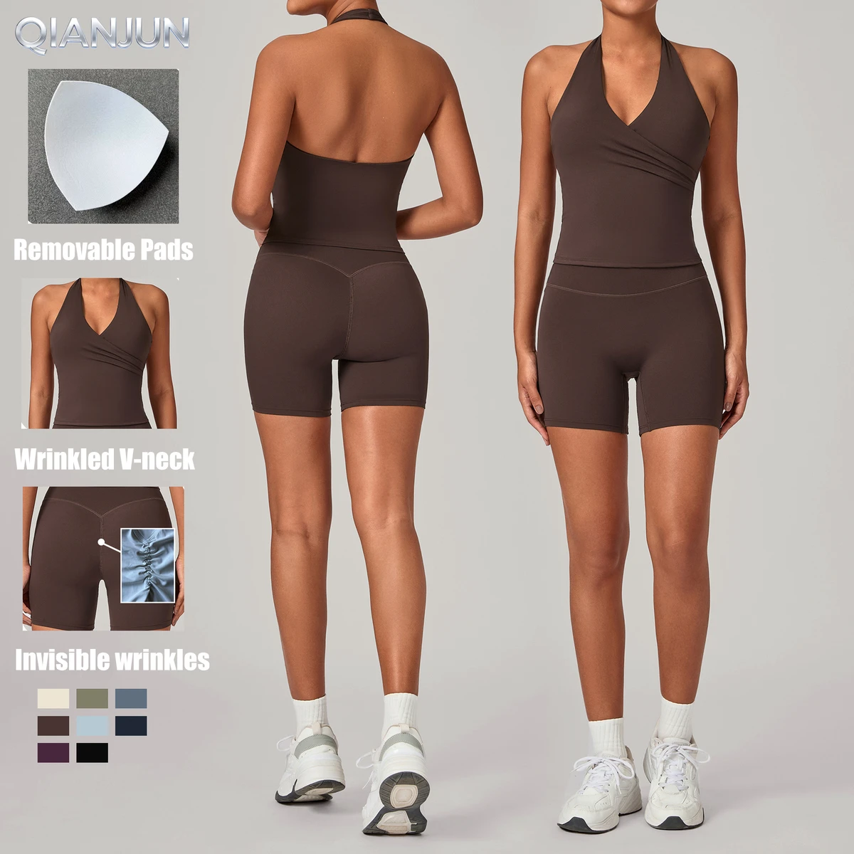 Women's Sexy Workout Gym Suit Quick Dry Naked Feeling Yoga Set Custom Logo Halter Crop Top Shorts Breathable Solid Fitness Quick