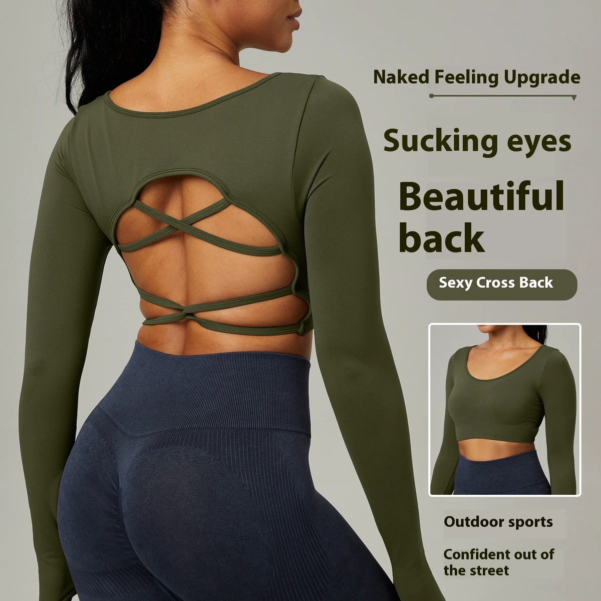 Women's Lightweight Cross-Back Fitness Sports Top Long-Sleeved Yoga Clothing Seamless Outdoor Sports Bra Quick-Drying Sexy Solid
