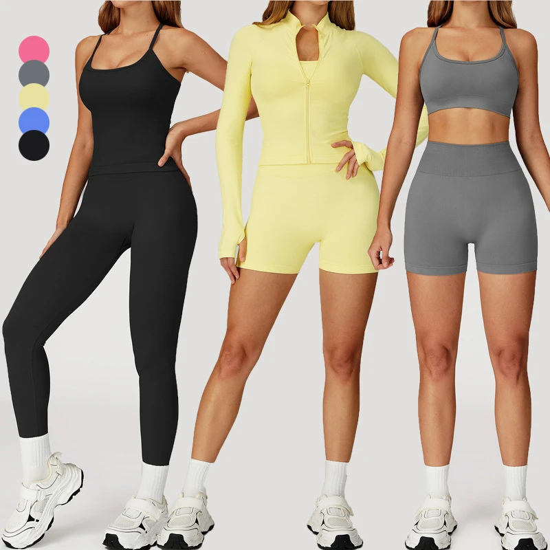 Seamless 5-Piece Yoga Set Women High-End Quick-Dry Fitness Outfit Running Workout Suit Outdoor Sportswear High Waist Front Logo