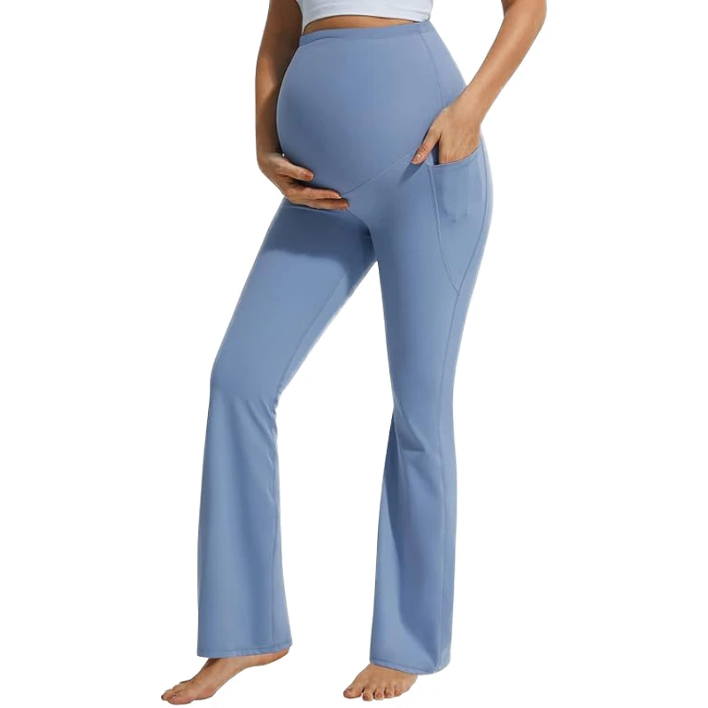 High Waist Flared Leg Maternity Yoga Pants With Pockets Solid Color Tummy Control Shapewear Elastic Waist Full Length