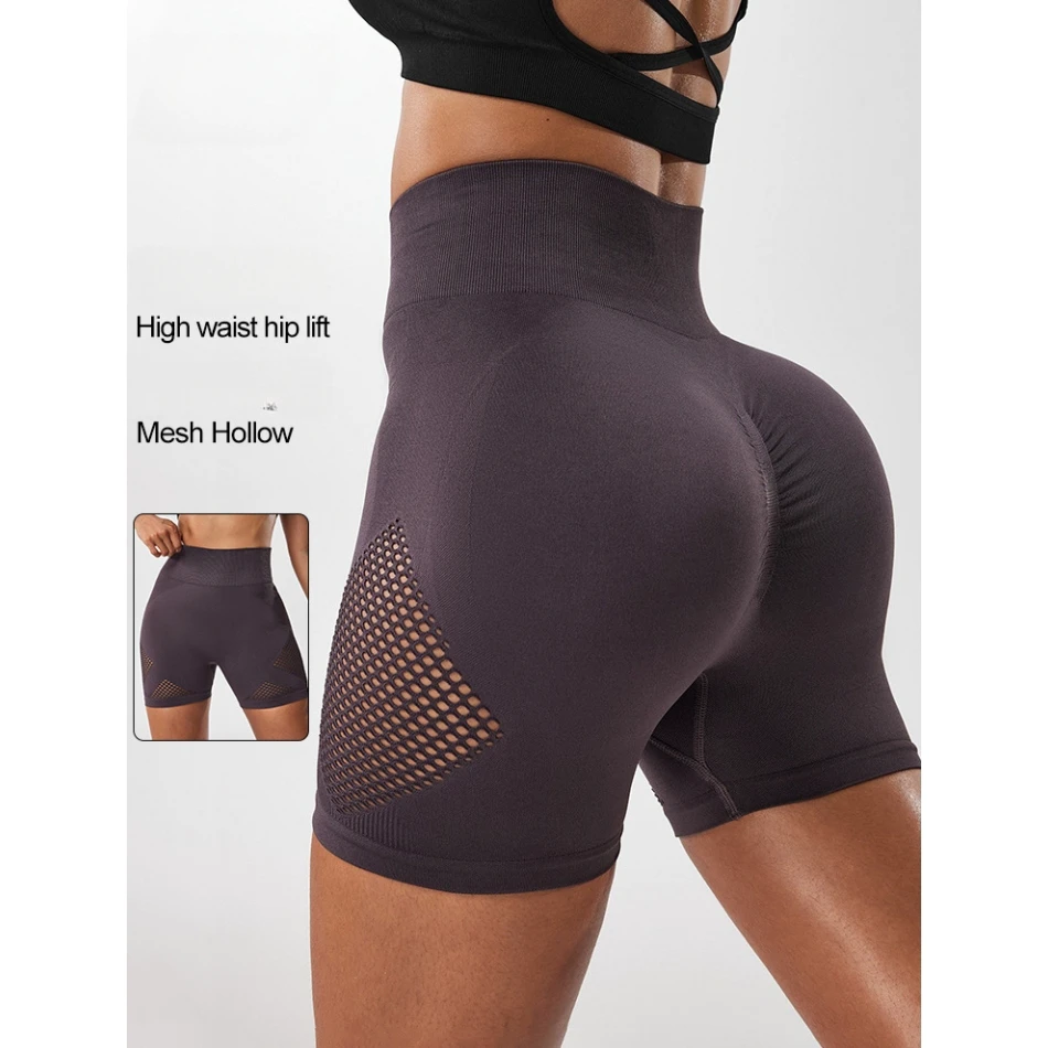 S728 Seamless Mesh Hollow Women's Sports Shorts Running Tights High Waist Hip Yoga Pants Fitness Three-quarter Pants