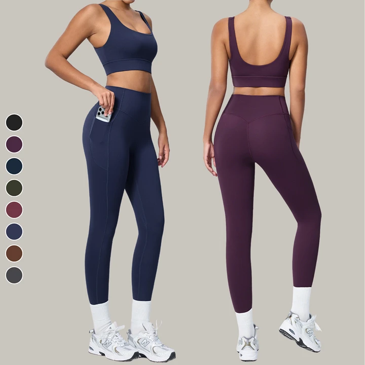 Women's Solid 2-Piece Workout Set Gym Crop Top High Elastic Leggings Removable Pads Sweat-Wicking Breathable Quick Dry Four-Way