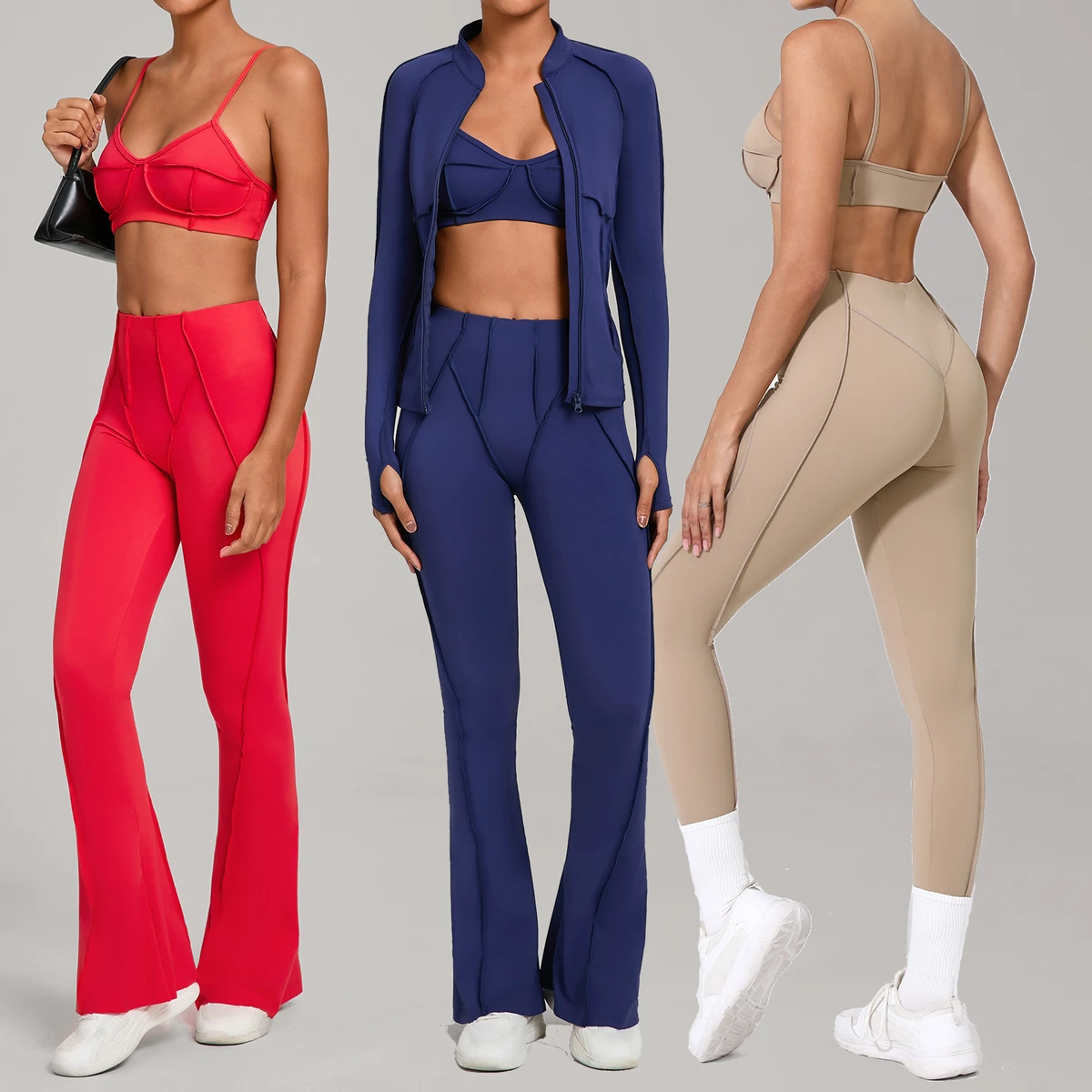 YIYI Structural Front Seams Gym Fitness Sets Tummy Control Exposed Stitching Workout Set Fitness Yoga Wear Gym Female Set