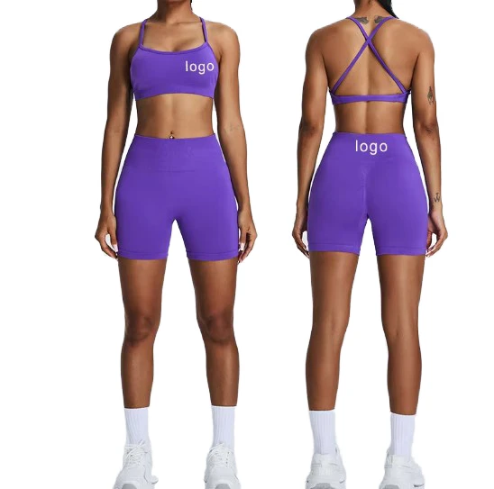Wholesale Women Fitness Yoga Set 2-Piece Gym Cross Back Sports Bra Shorts Butt Lift Solid Elastic Waist Four-Way Stretch