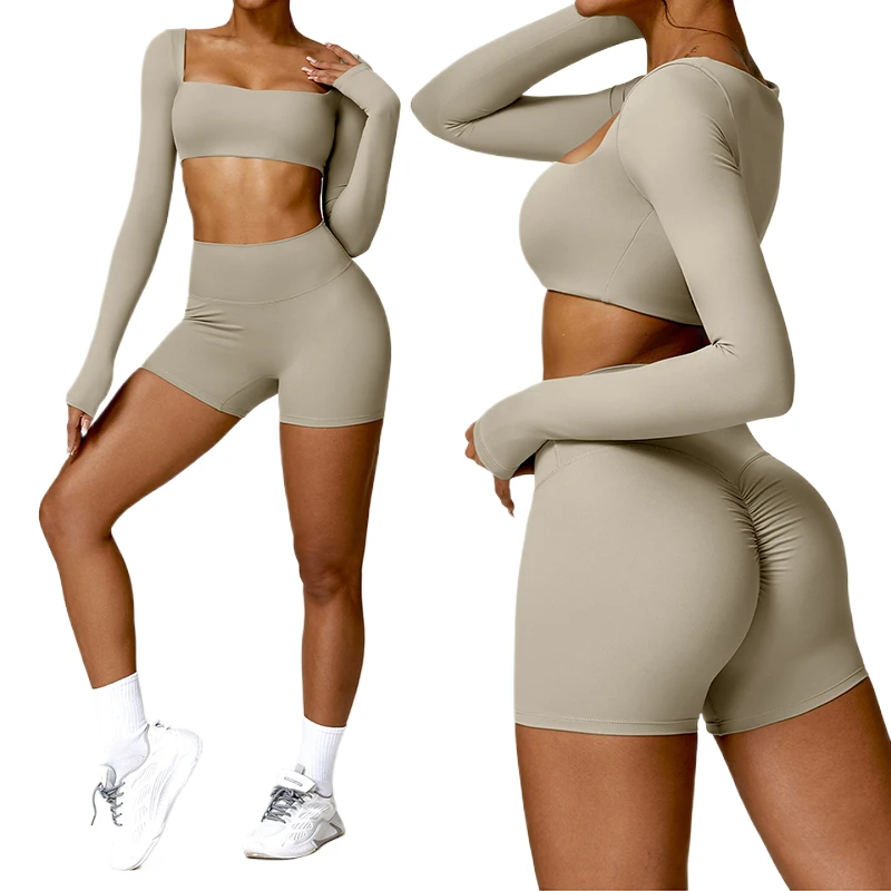 High Quality Yoga Set with Square Collar and Sexy Long Sleeves Waist Lifting Shorts Fitness Sportswear 2-piece