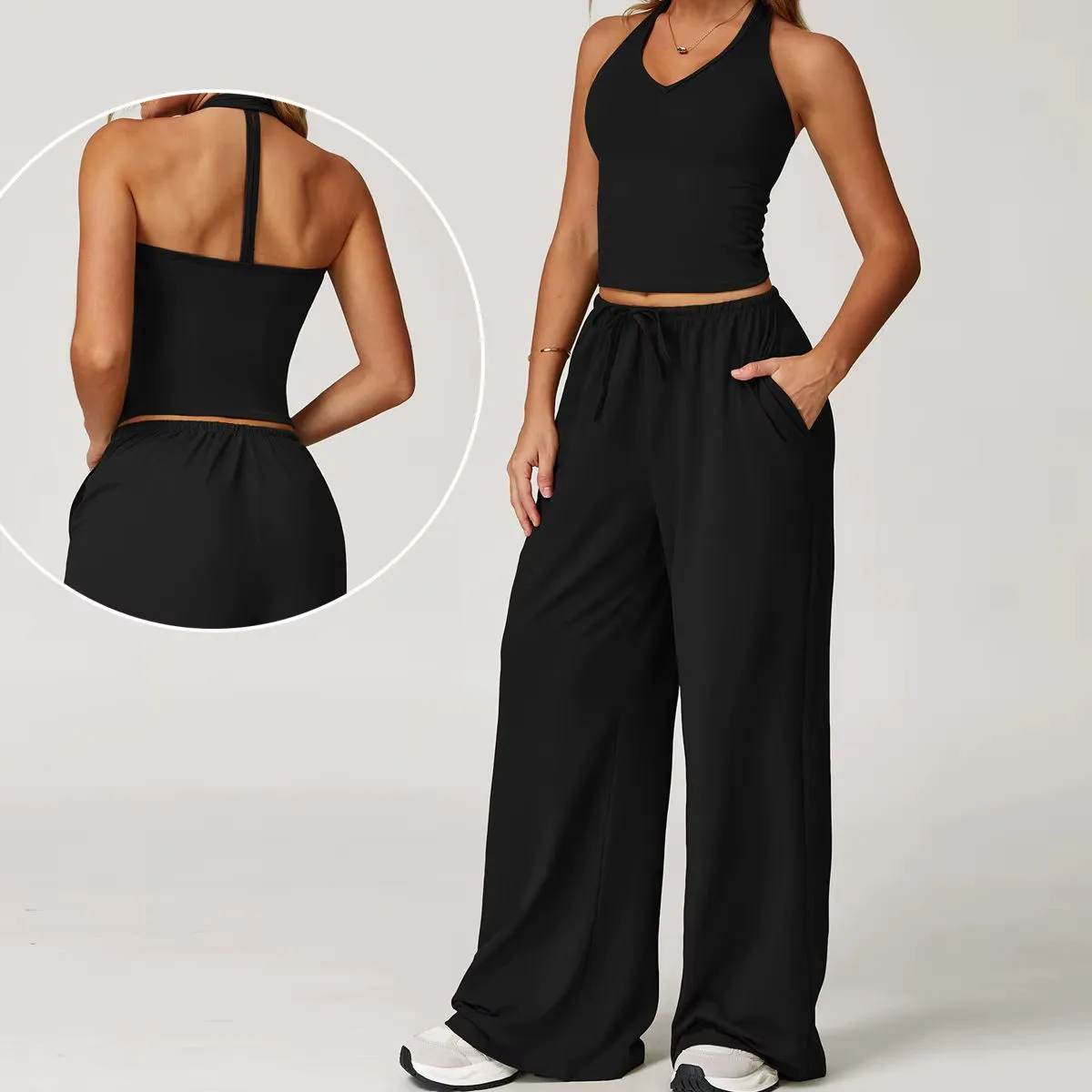 2 Piece Yoga Set V Neck Crop Top High Waist Full Length Pants Breathable Spandex Polyester Solid Color Seamless Stretch