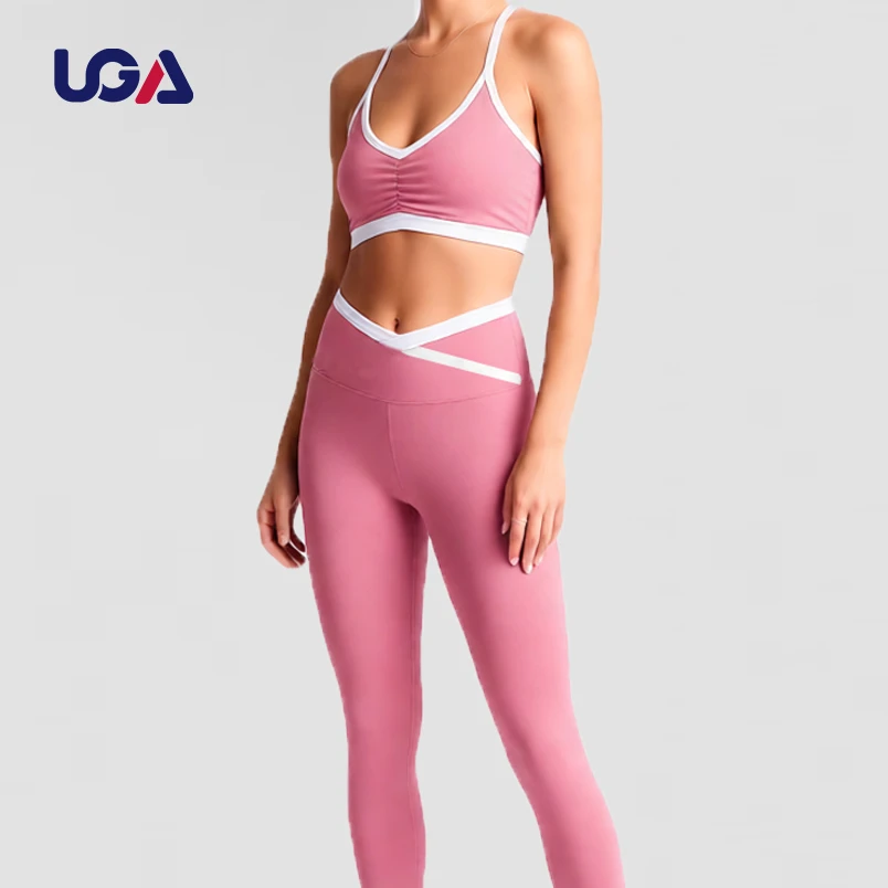 Custom Color Blocking V Neck Sports Bra Yoga Pants 2 Piece Set High Waist Flared Gym Legging Fitness Sets for Women