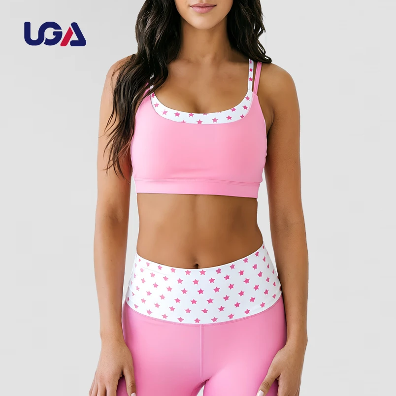 Contrast Color Double Layer Naked-feeling Sports Bra Spot Pattern Print Custom Workout Yoga Set