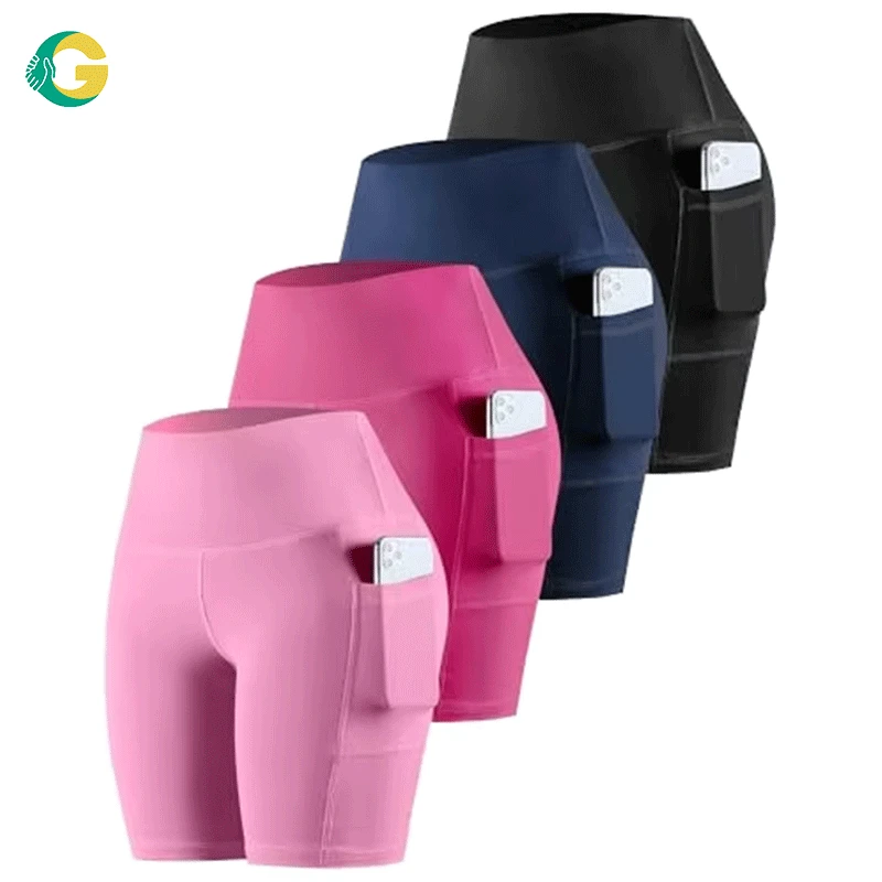 High Waist Yoga Shorts with Phone Pouch Side Pockets Workout Running Booty Shorts Breathable Quick Dry Fitness Active Soft Solid