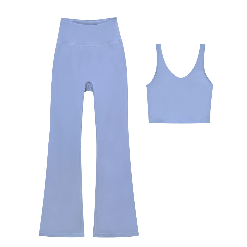 2026 Breathable Solid Flared Pants U-shaped Vest Suit Women's Fitness Yoga Sports Bra 2-Piece Set