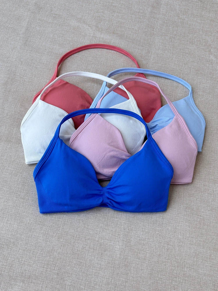 High Quality Women Halter Gather Simple V-neck Sports Bra Front Custom Logo High Support Yoga Quick Dry Breathable Spandex/Nylon