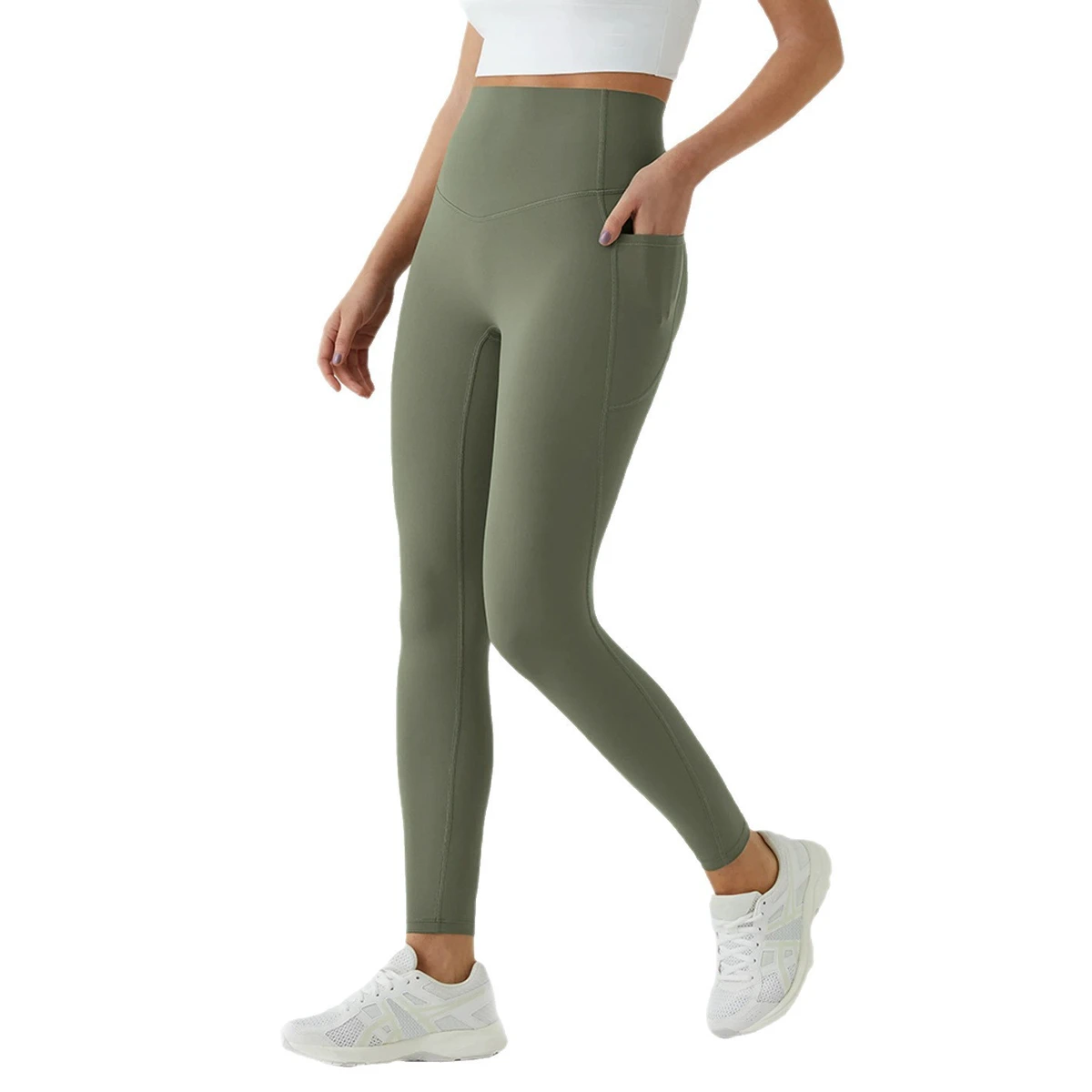 Women Solid High Waist Yoga Pants with Side Pockets Tummy Control Workout Leggings Sweat Wicking Four-Way Stretch Elastic Waist