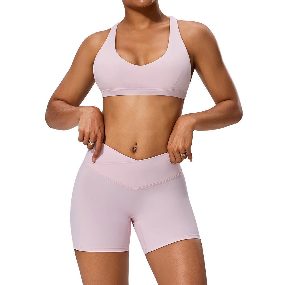 Wholesale Custom High Quality Womens Yoga Set Breathable Solid Short Crew Neck 2 Piece Set Mid Quick Dry Spandex/Nylon Elastic