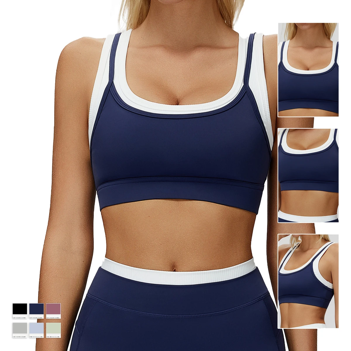 Custom Logo Ribbed Two-in-One Contrast Color Sports Bra Women Yoga Running Fitness Activewear