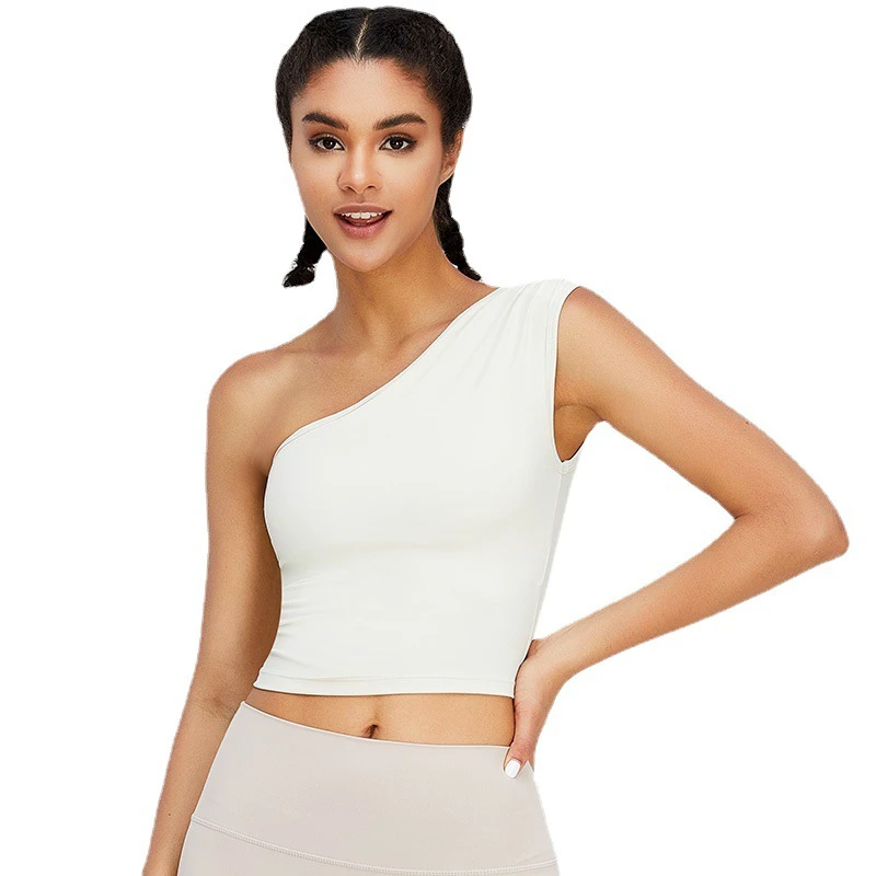 High Elastic Women's Simple Sports Bra Breathable Yoga Top Oblique Chest Support One-Shoulder Vest Front Active Fitness Clothing