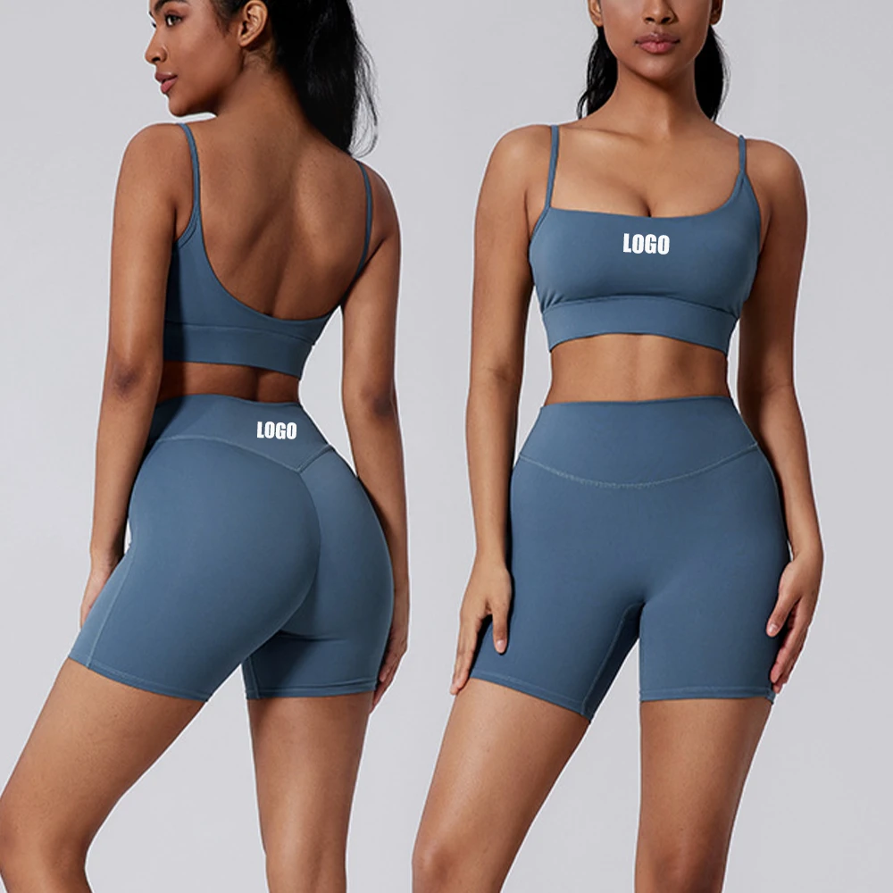 Custom Logo Women's Sportswear 2-Piece Suit Backless Sports Bra High Waist Shorts Suit Gym Fitness Yoga Sets