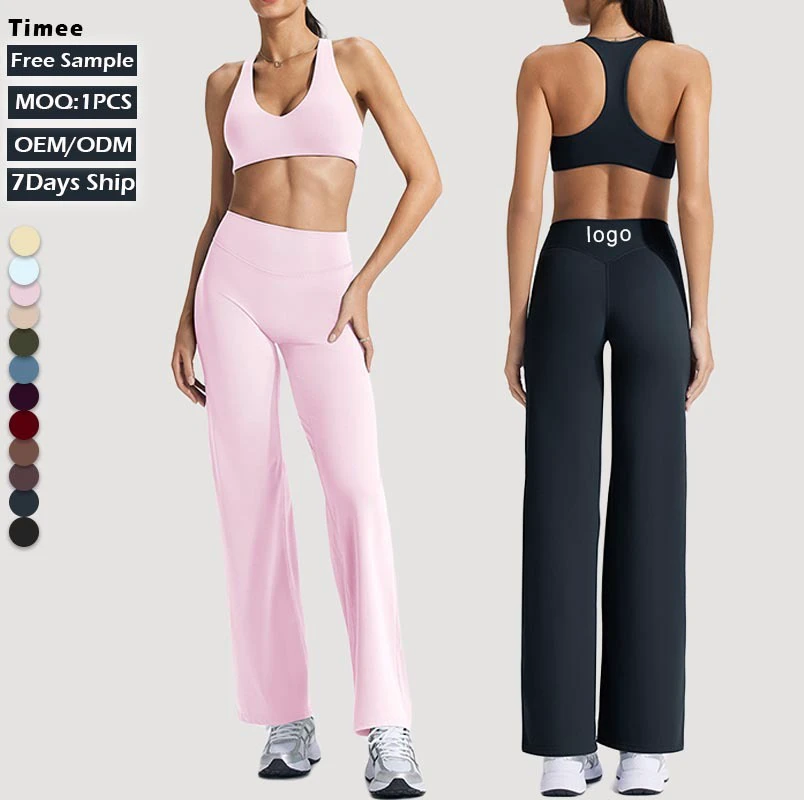 Nude Feeling High Impact Yoga Set 2 Pieces Racerback Sports Bra & Wide Leg Flare Pants with 4 Way Stretch