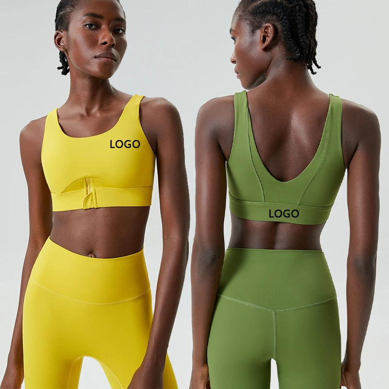 XW-YB414 U Neck Wide Shoulder Strap Gym Fitness Yoga Bra Front Half Zip Strength Training Sportswear V Back Sports Bra