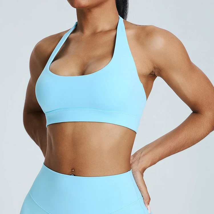 Fashion High Quality Women Yoga Sports Bra Custom logo Gym Workout Halter Sports Bra for Women
