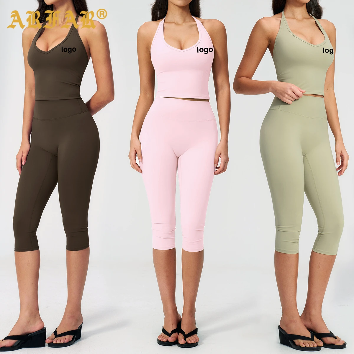 Custom Logo Ribbed Knit Halter Neck Crop Top High Waist Capri Pants Loungewear Women 2 Piece Casual Outfit For Summer