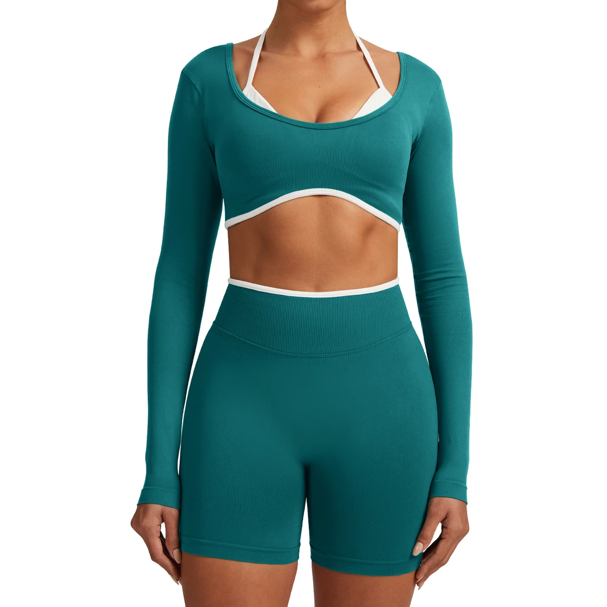Cross-border Seamless Solid White Edged Breathable Yoga Set Women Hollow Back High-waist 2-Piece Fitness Clothing Plus Size
