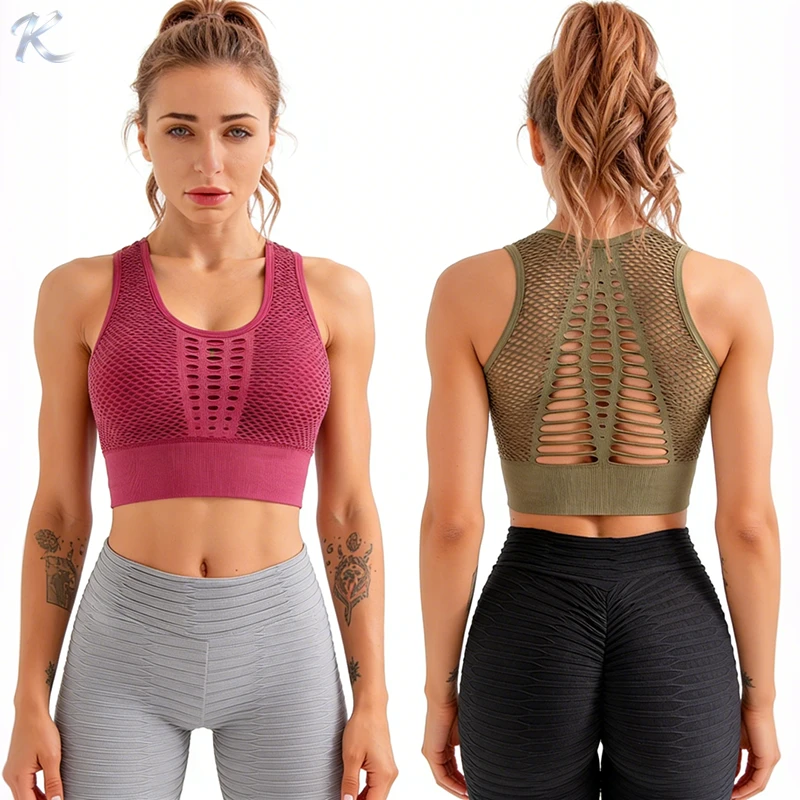 Women's Seamless Mesh Cutout Sports Breathable High Support Athletic Bra Racerback Padded Front Closure Elastic Workout Crop Top