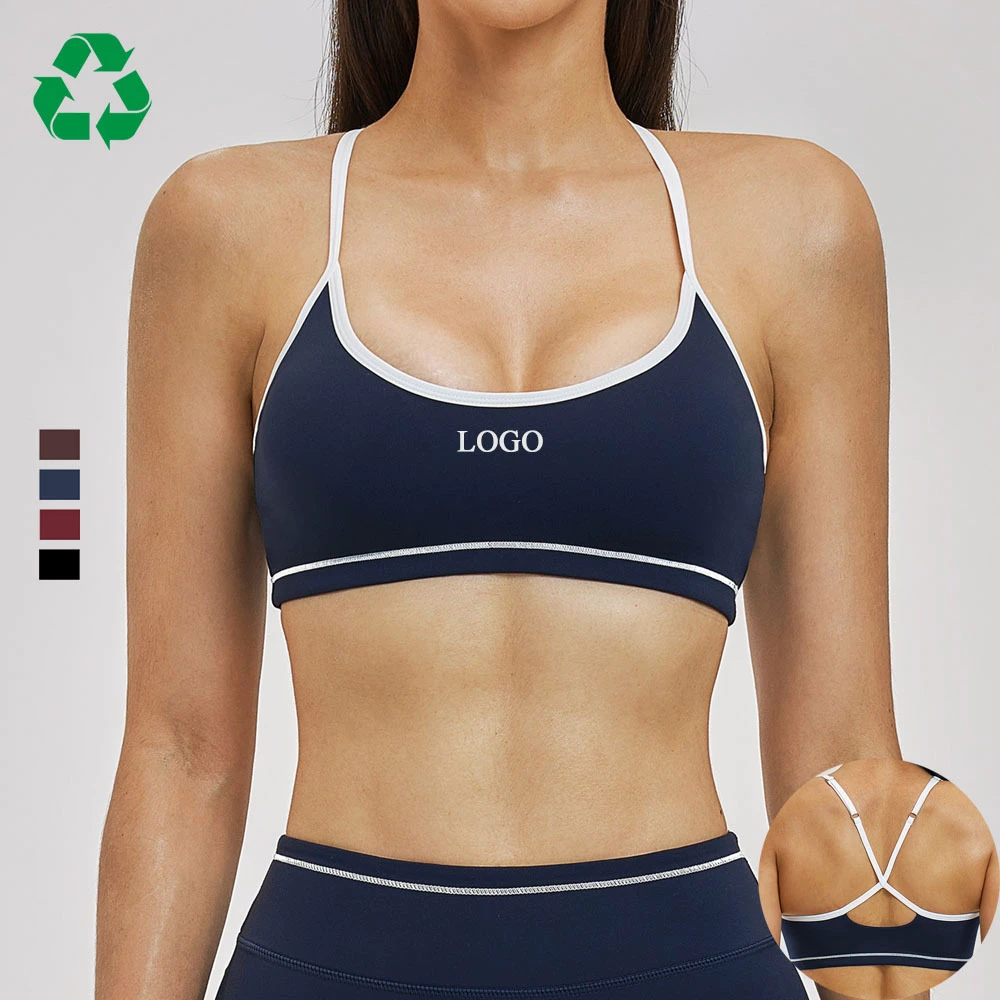 Custom Eco-Friendly Recycled Brushed Color Contrast Adjusted Straps Yoga Bra Active Top Moisture-Wicking Breathable Sports Bra