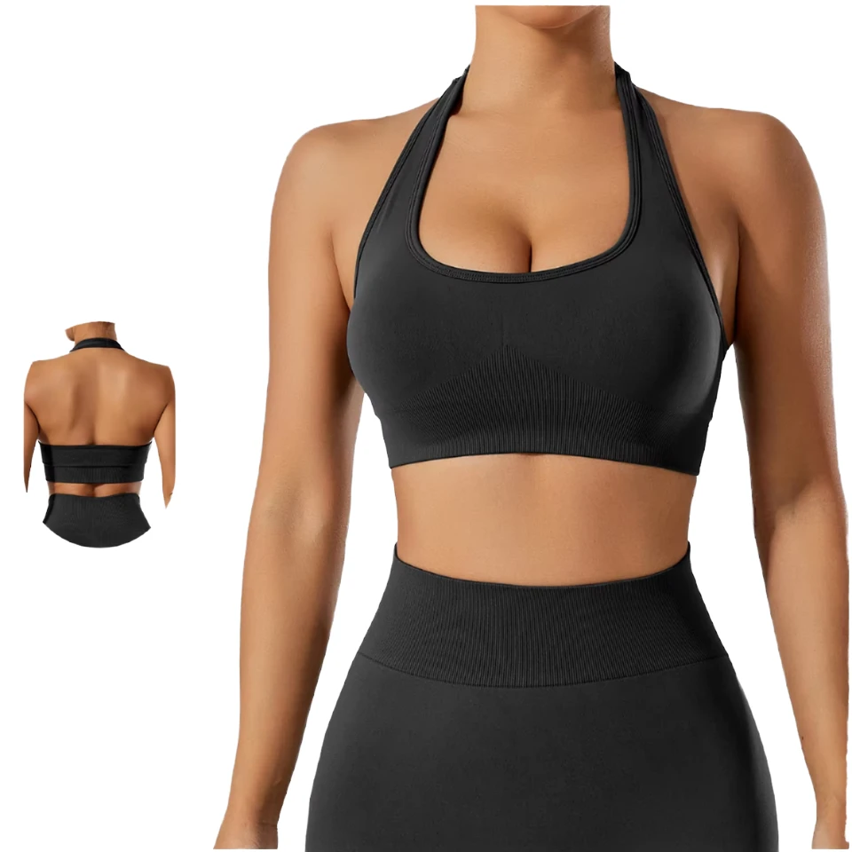 Beautiful Seamless Halter High Support U-NECK Solid Spandex/Cotton Sports Bra Removable Chest Pad Quick-Drying Breathable Yoga
