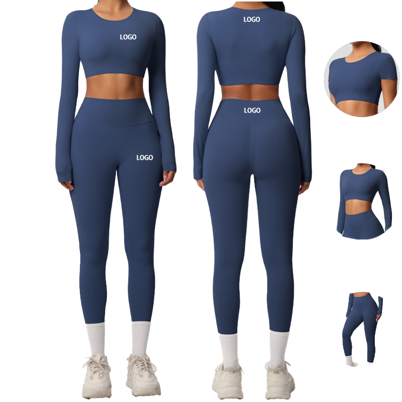 Womens Solid Color 1-Piece Gym Fitness Yoga Set Long Sleeve Crop Top High Waist Leggings Activewear Customized Logo Quick Dry