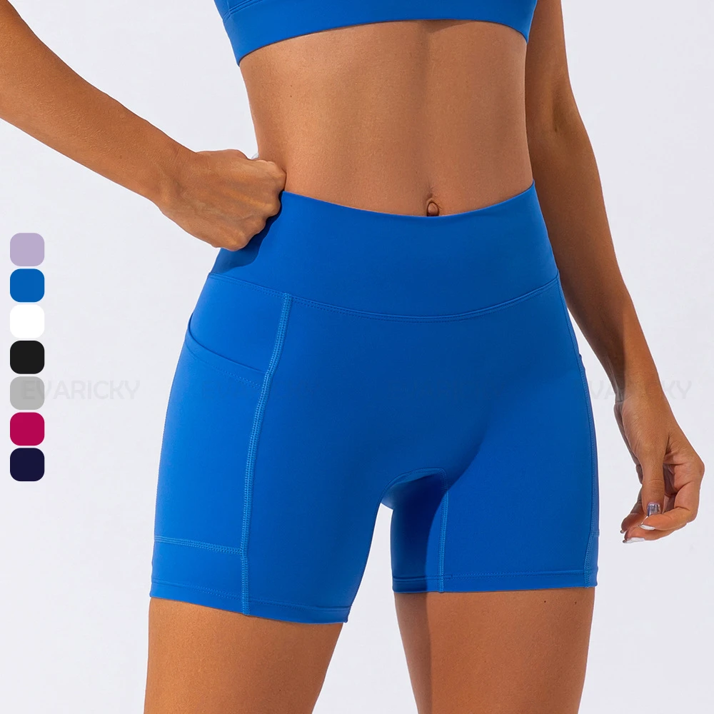 Wholesale Custom High Waisted Solid Athletic Wear Womens Side Pocket Design Gym Fitness Tummy Control Scrunch Butt Shorts Quick