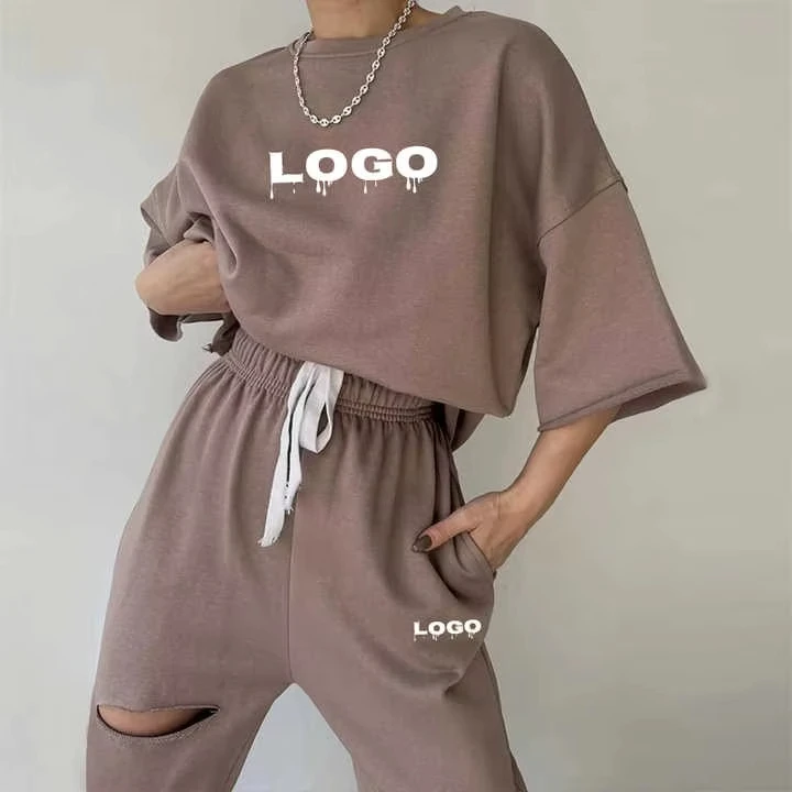 Manufacturers Women'S Two-Piece Fleece Crop Top T-Shirt Pants Plus Size Loose Casual Breathable Tracksuit Set With Hollow Design
