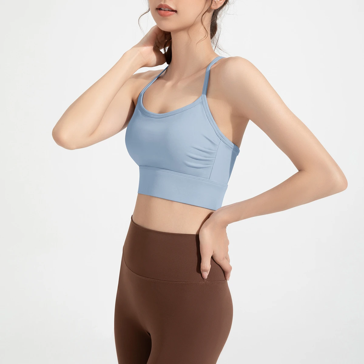 Women's High Support Ruched Side Sports Bra Fixed Molded Cups Thin Strap Breathable for Yoga Gym Running Workout