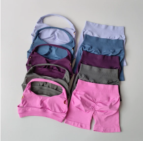 Yimo Women Halter Gather Shockproof Yoga Tracksuit Lady High Waist Hip Lift Gym Suit Female Backless Scrunch Butt Sports Sets