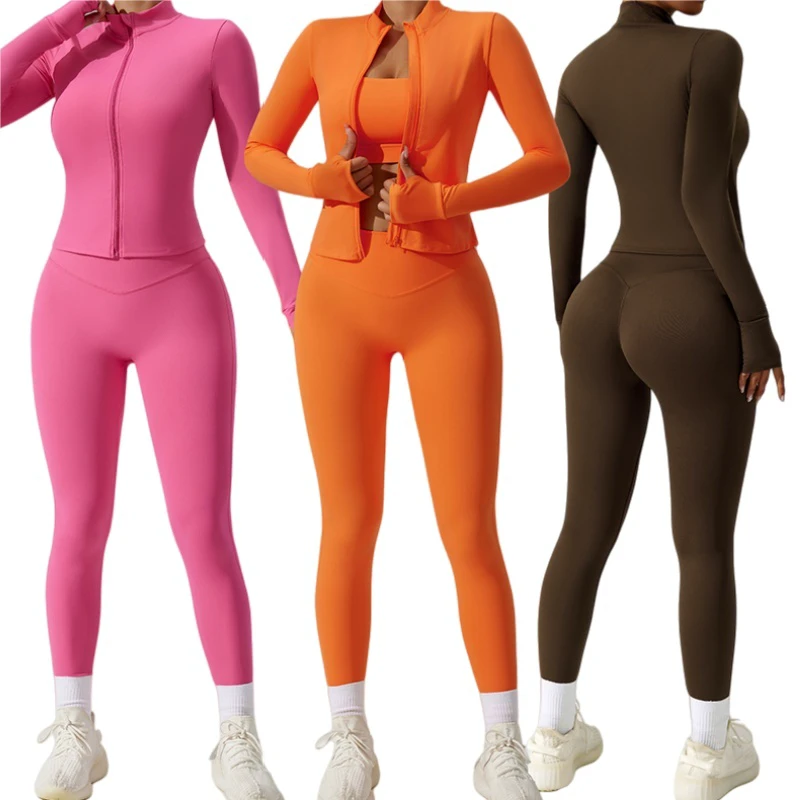 Other Women's Yoga Set Long Sleeve Zipper Top High Waist Leggings Solid Color Spandex Fitness Workout Wear XS To 3XL