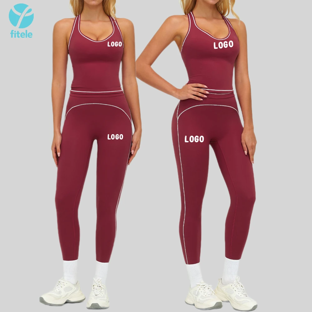 Fitele Custom Logo Breathable Gym Yoga Suit Color Blocking Sports Top High Waist Leggings Fitness Set Yoga 2 Piece Set For Women