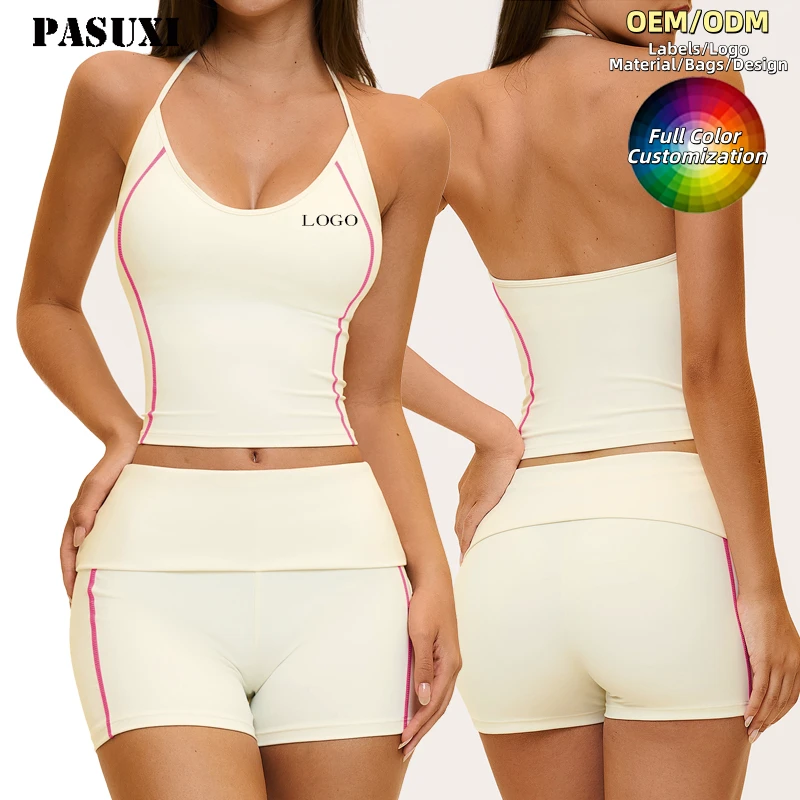PASUXI Gym Clothing Active Wear Yoga Bra and Shorts Set Halter Tight Fitting Short Top Casual Fitness Trousers Suit Yoga Sets