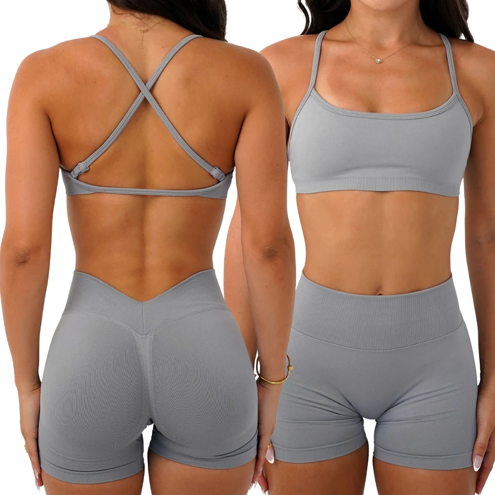 Womens Seamless Sports Bra Adjustable Straps CrissCross Back Removable Pads Low to Medium Support Nylon Spandex Gym Bra