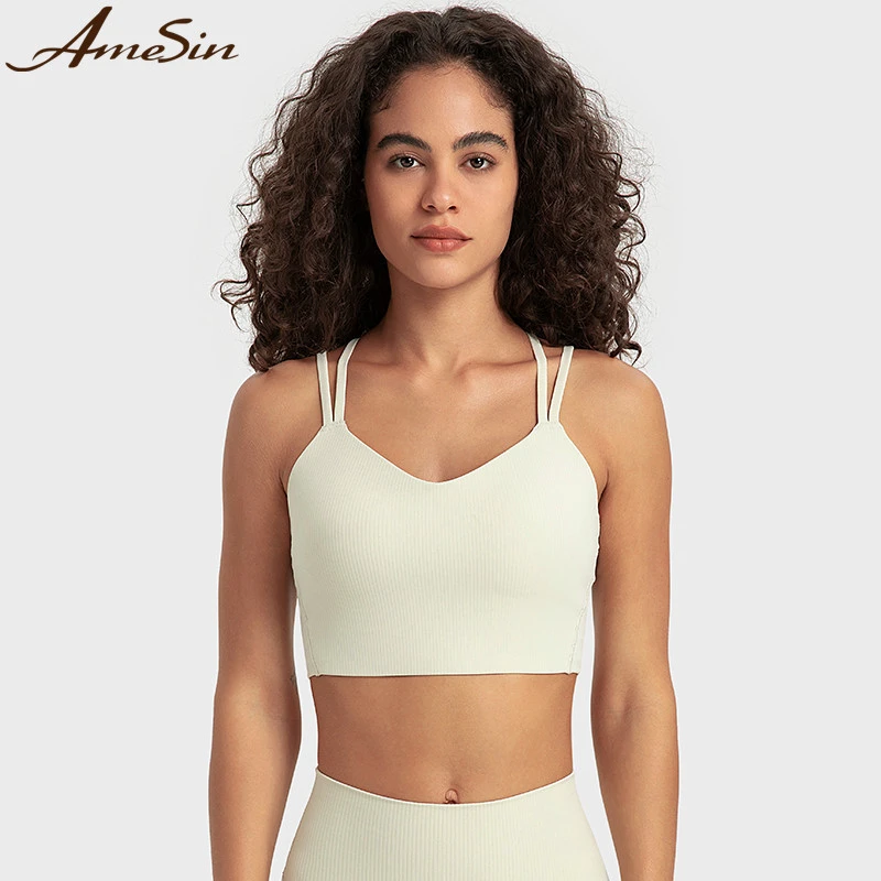 Like a Cloud Ribbed Longline Bra Light Support Crisscross Cropped Strappy Breathable Shockproof Sports Yoga Bra